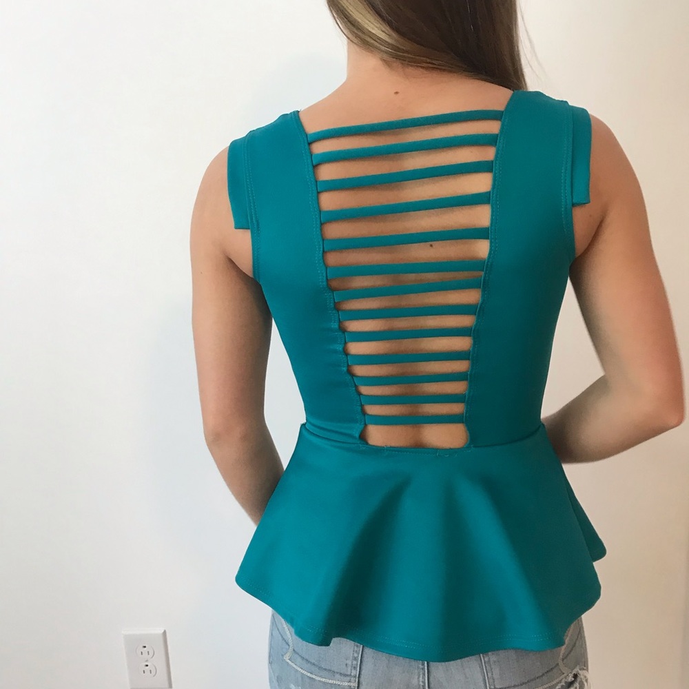 Teal Open Back Peplum Blouse